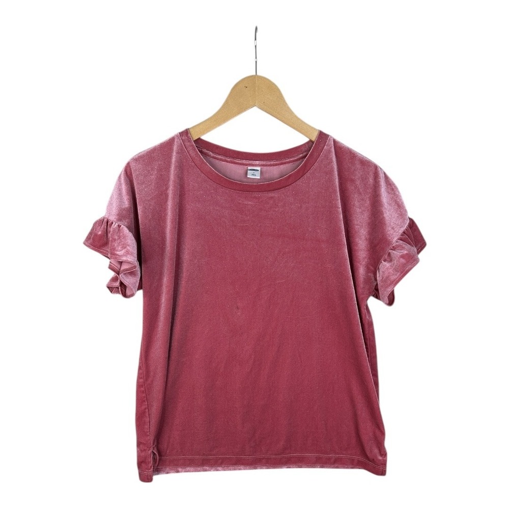 Old Navy Top Women's Pink Velour Velvet Ruffle Glitter‎ Short Sleeve Blouse Sz S